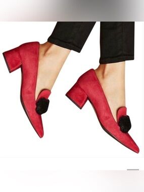 Elyse’s women’s Red Block Heel Loafers with Pom Detail size 8